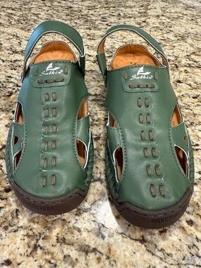 Salkin leather green slip on comfort shoe sling back strap SZ 39